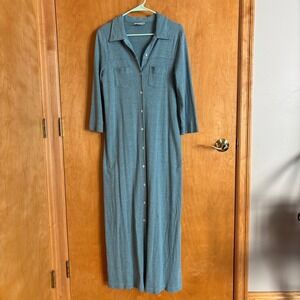 Fresh Produce Sportswear Shirt Dress Blue Button Down Maxi Collared Pockets S